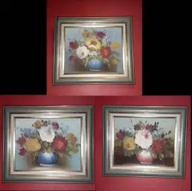 Set 3 Lukisan Bunga Asli Vintage 33x19 cm