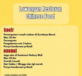 HIRING UNTUK RESTORAN CHINESE FOOD SURABAYA
