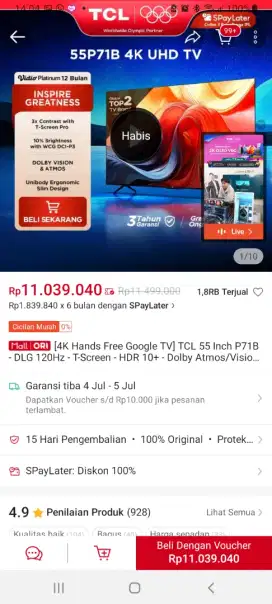 TV TCL 55 inch BARU, Google TV 4k