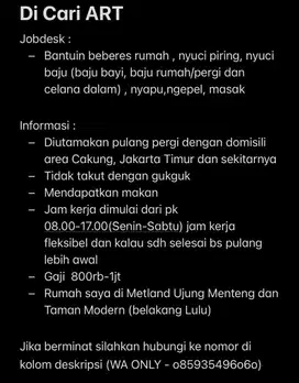Dicari ART area Cakung
