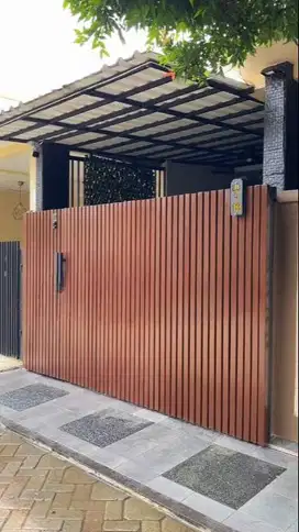 pagar rumah geser minimalis bahan WPC DUMA warna coklat harga murah