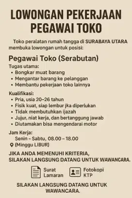 LOKER PEGAWAI TOKO (PRIA)