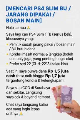 Dicari PS4 slim BU/bosan main kondisi normal