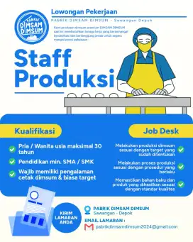 LOWONGAN PABRIK DIMSUM, STAFF PRODUKSI, HOST LIVE DAN STAFF LOGISTIK