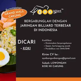 URGENT! Lowongan kerja KOKI Billiard untuk cabang Cakung Jakarta Timur
