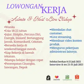 Lowongan kerja admin dan host Live streaming