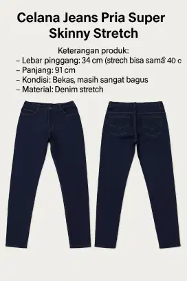 Celana Jeans Pria Super Skinny Stretch Preloved Size S warna Biru Navy