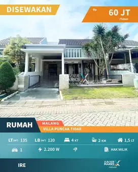 Disewakan Rumah Baru 4 KT Siap Huni Di Villa Puncak Tidar, Malang