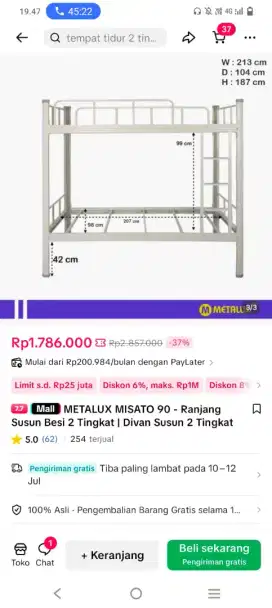 Dijual dipan tingkat baru pakai 2 bulan like new