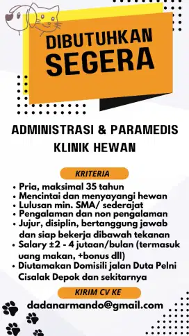 Dicari Administrasi dan Paramedis Klinik Hewan