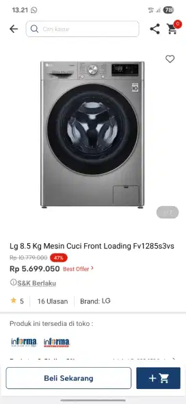 Promo mesin cuci LG 8,5kg murah