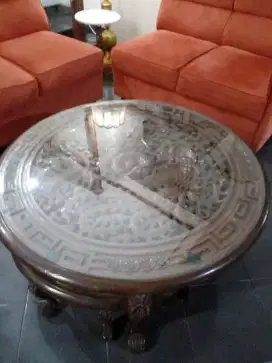 Meja kaca bundar ukir antik kayu jati jepara