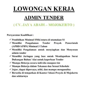 Lowongan Pekerjaan Admin Tender Proyek Pemerintahan