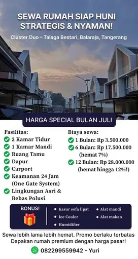 Disewakan rumah 2 lantai lingkungan hijau Cikupa Telaga Bestari