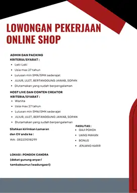 DIBUKA LOWONGAN KERJA ONLINE SHOP
