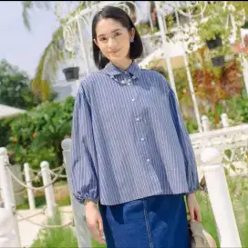 Hijab chic stripe top denim blue atasan wanita