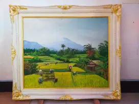 Lukisan kanvas pemandangan panen padi