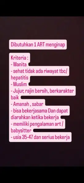 Dicari ART nginap