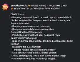 DIBUTUHKAN SEGERA! Chef/Cook Full Time