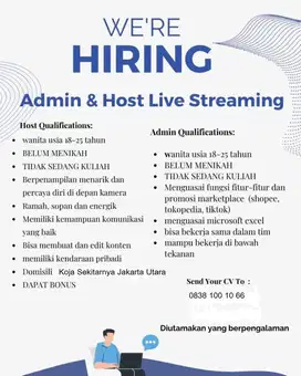 dibutuhkan segera admin online & host live streaming