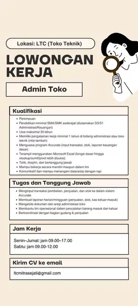 Lowongan Kerja Admin Toko (Perempuan)