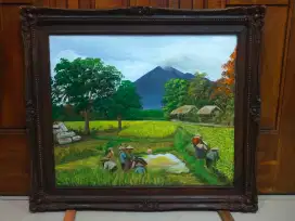 Lukisan kanvas pemandangan panen pari