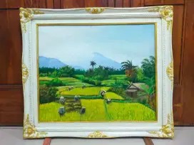 Lukisan kanvas pemandangan panen padi