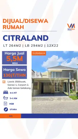 Dijual/Disewakan Rumah Citraland 12x22 – Garasi & Taman Belakang