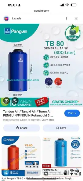 Toren/Tandon air Merk Pinguin uk.800 Liter bekas.