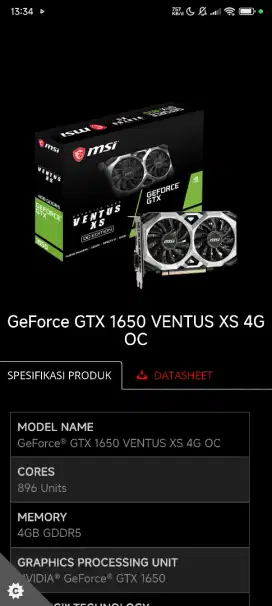 VGA MSI GTX 1650 4GB GDDR6 - Ventus XS OC V3 - 4GB DDR6 128bit