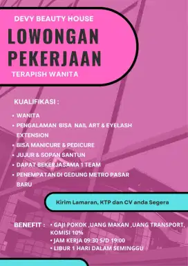 Di butuhkan tenaga Therapish wanita berpengalaman