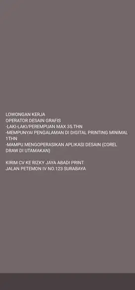 Lowongan kerja Operator Desain Grafis