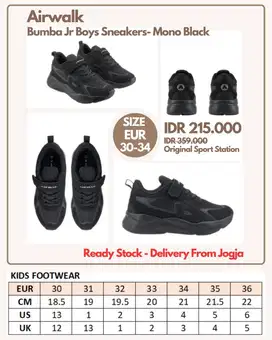 Airwalk Bumba Jr Boys Sneakers Sepatu Sekolah Hitam Anak Laki 30-34