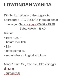 Lowongan wanita jaga toko Ltc glodok