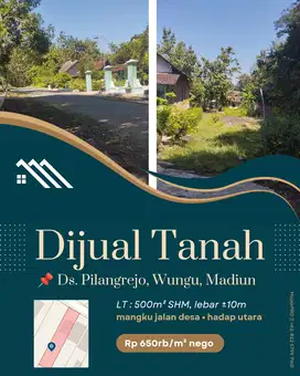 Jual Tanah 500m² di Pilangrejo, Wungu dekat Perumahan Setinggil