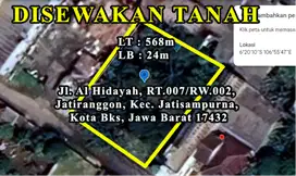 Disewakan Tanah Seluas 568 LT, 24 LB, Lokasi Jatiranggon, Kota Bekasi.