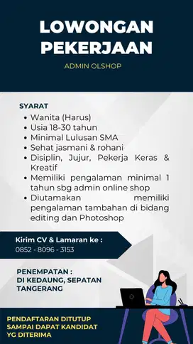 Dicari admin online shop untuk furniture