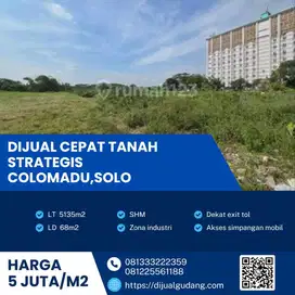 Aset Emas di Colomadu! Tanah 5135m² Hadap Selatan, Lebar Depan 68m,