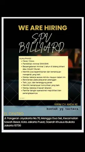 LOWONGAN SUPERVISOR BILLIARD