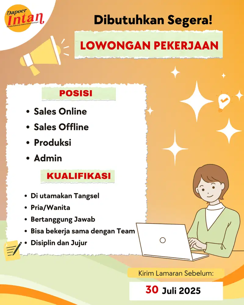 lowongan kerja admin, produksi,kurir,sales