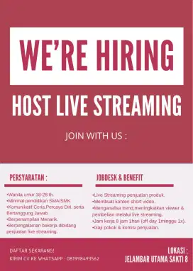 DI CARI HOST LIVE STREAMING WANITA BERPENGALAMAN!!!