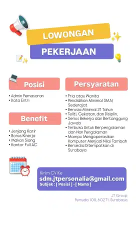 Lowongan Kerja Admin, Data Entri, Supervisor Surabaya