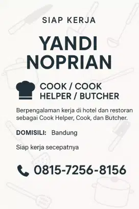 Cari Kerja – Cook/Cook Helper/Butcher, Siap Langsung Kerja!