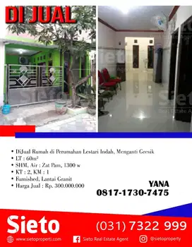 DiJual Rumah di Perumahan Lestari Indah, Menganti Gresik