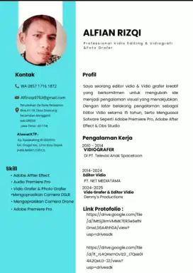 Cari kerja, Editor Vidio, Photoshop, Vidieografer, Conten Creator.