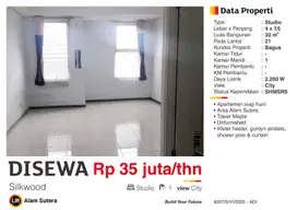 Disewa Apartemen Studio Unfurnished Silkwood Sebelah BiNus AlSut