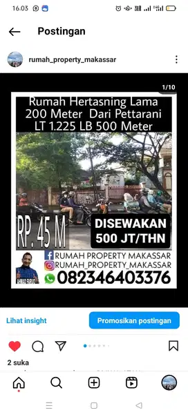 DIJUAL ATAU DISEWAKAN Rmh Hertasning Lama 200 Mtr dr Pettarani 1.225M