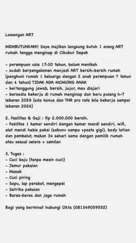 Lowongan ART menginap 1 orang