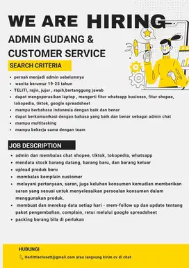 DI CARI ADMIN GUDANG / ADMIN CHAT CUSTOMER SERVICE