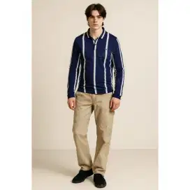 Kaos polo shirt LACOSTE long Sleeve Striped vertikal Navy Size L